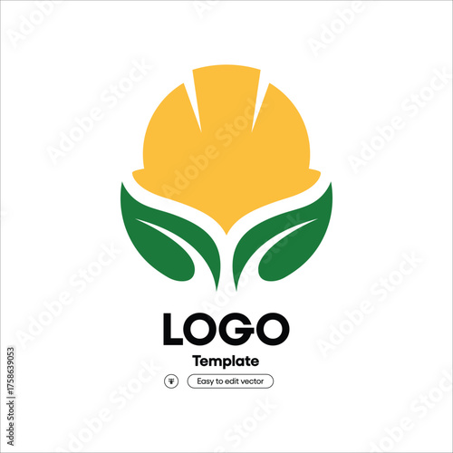 Minimalist Modern Construction Hat with Green Leaf Shape Logo Icon