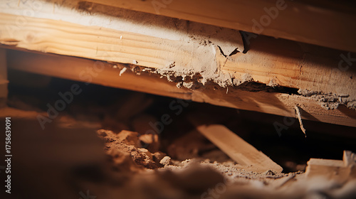 Fototapeta Naklejka Na Ścianę i Meble -  Interior view of a crawl space with wooden beams, crumbling material, and dirt, suggesting potential structural issues. An inspection is necessary for safety.