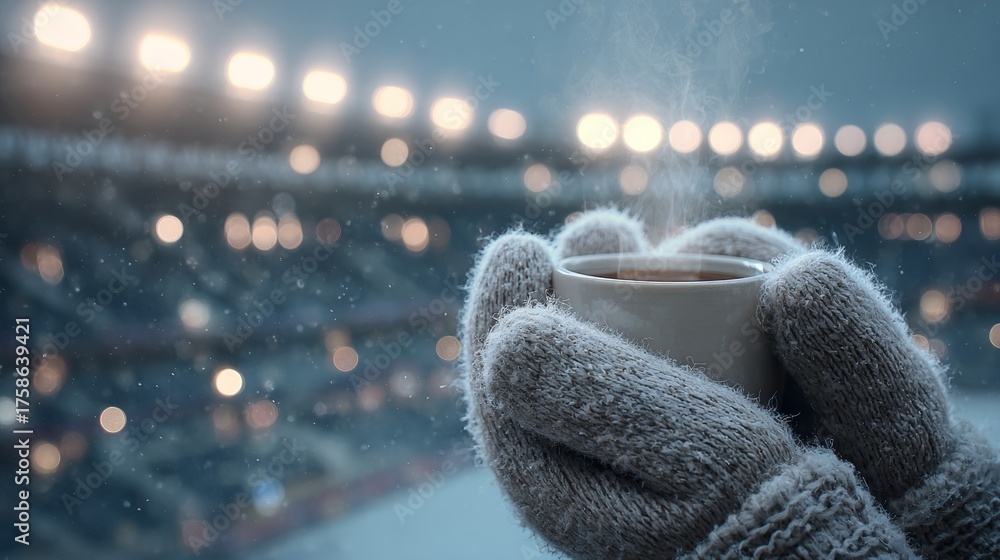 Fototapeta premium person wearing gloves holding a hot chocolate inside a stadium in winter