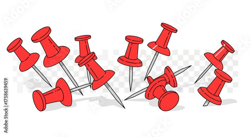 Scattered Red Push Pins Office Supply Still Life on White