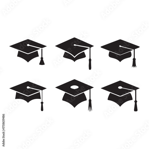 vector graduation cap collection six silhouette icons mortarboard tassel symbols for diploma ceremony and education