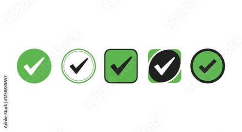 Green Check Mark Icons Set Symbol of Approval, Success, and Task Completion in Modern Design