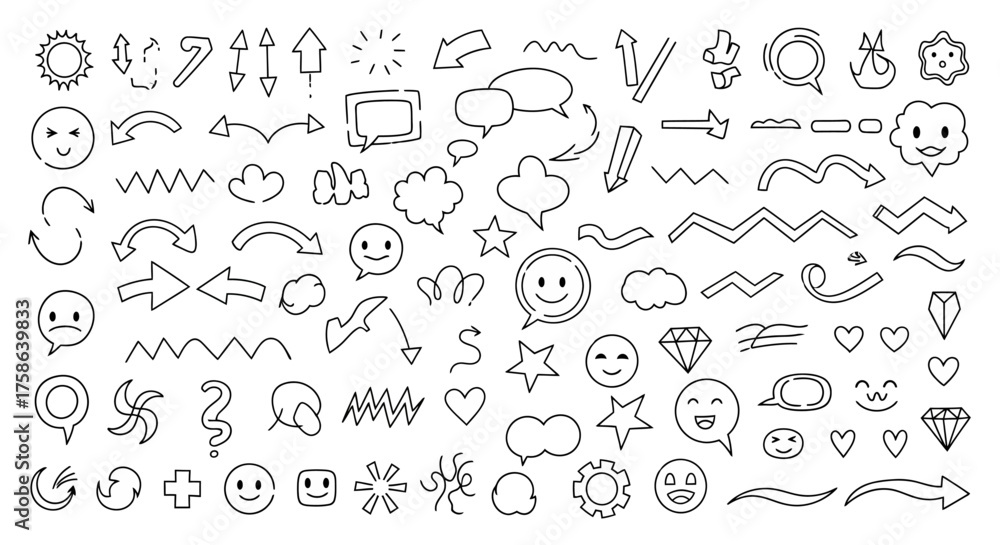 Obraz premium Doodle Collection Hand-Drawn Arrows, Shapes, and Emotion Icons for Creative Design