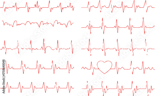 vector ecg montage red waveform panels mixing cardiogram rhythms and heart icons for health concepts