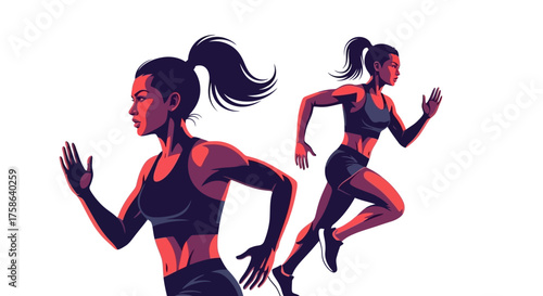 Dynamic illustration of two female runners in powerful motion, symbolizing speed, strength, and active lifestyle, perfect for modern fitness, health, and sports-related design projects