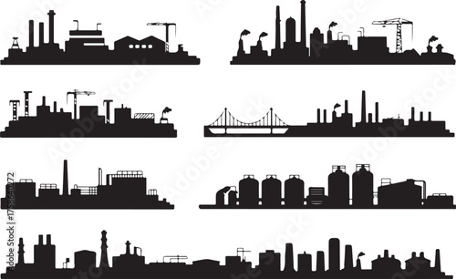 industrial factory silhouettes vector set showing diverse manufacturing plants and smokestacks in flat black
