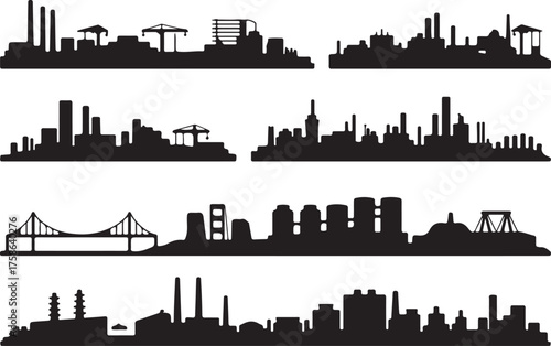 industrial cityscape silhouettes collection featuring factories, cranes, storage tanks and powerplant icons