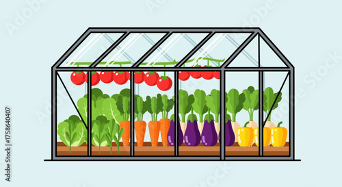 Greenhouse filled with various fresh vegetables and tomatoes.