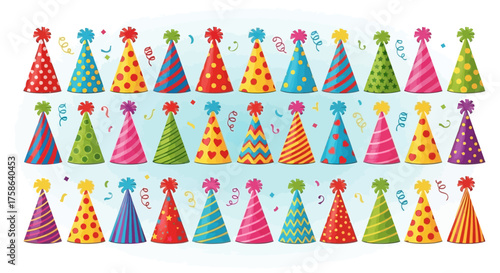 Colorful collection of festive party hats with diverse patterns and confetti, perfect for birthdays, celebrations, and joyful events