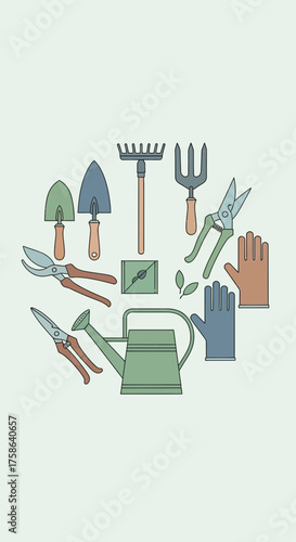 Assortment of gardening tools including trowels, shears, rake, fork, gloves, and watering can.