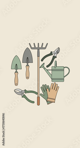 Gardening tools including trowels, rake, pruners, watering can, and gloves.