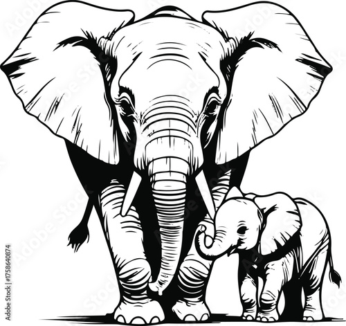 Elephant mother and baby in single stroke art