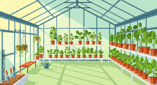 Greenhouse with potted plants, gardening tools, and a watering can.