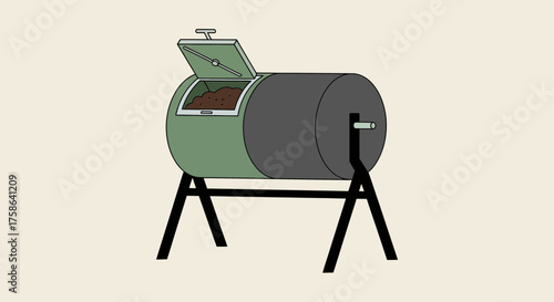 Green compost tumbler with lid open, filled with soil.