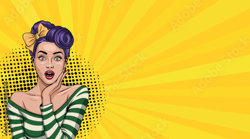 A young, very surprised woman in pop art style. On a yellow background. Pop art in comic book style vector.