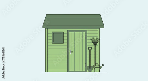 Green garden shed with tools and watering can.