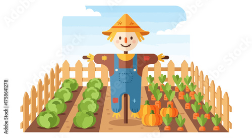 Scarecrow in a garden with cabbage carrots and pumpkins.