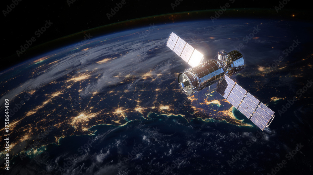 Fototapeta premium Satellite orbiting earth at night, showing city lights below satellite