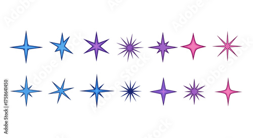 Sparkle and Shine A Collection of Bright Starburst Icons in Vibrant Blue, Purple, and Pink Hues