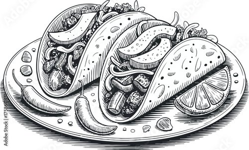 This black and white engraving showcases a plate of two generously filled tacos, adorned with slices of avocado, lime, and chili peppers. 