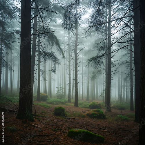 Mysterious Foggy Forest with Tall Evergreen Trees and Mossy Ground
