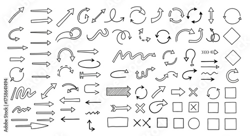 Collection of hand-drawn arrow illustrations for design and direction guides and circular arrows
