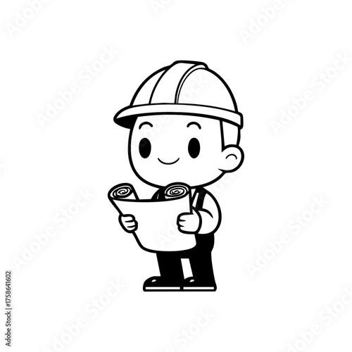 Cute cartoon engineer wearing a safety helmet and holding blueprints, symbolizing construction planning, architecture, and project design.
