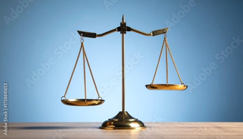 Golden balance scale on wood surface, blue background, left pan lower.