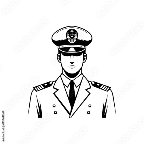 Stylish line drawing of a naval officer in uniform and cap, representing authority, discipline, and maritime professionalism.