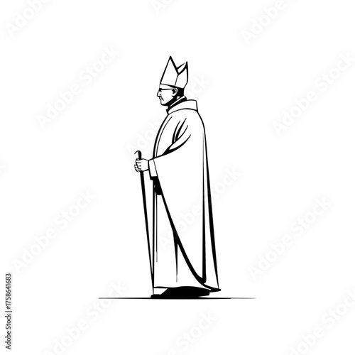 Elegant line art of a bishop in ceremonial robes holding a staff, symbolizing faith, leadership, and spirituality in religious contexts.