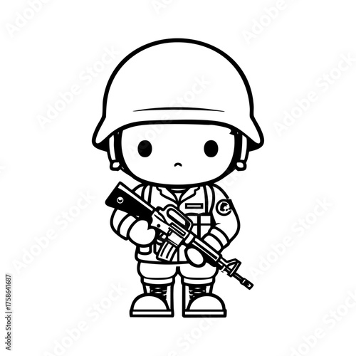 Cute black and white drawing of a small soldier in helmet holding a rifle, representing military service, defense, and national duty in a friendly cartoon style.