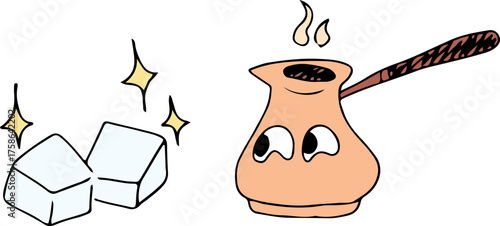 A fun, colorful coffee pot with eyes and shiny sugar cubes. Grunge style. Drawn with curved black lines. Colored drawing