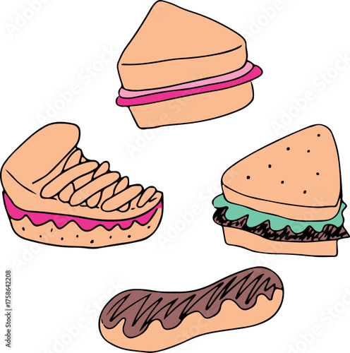 Flour sweets, piece of cake, eclair, sandwich, toast. Grunge style. Drawn with curved black lines. Colored drawing