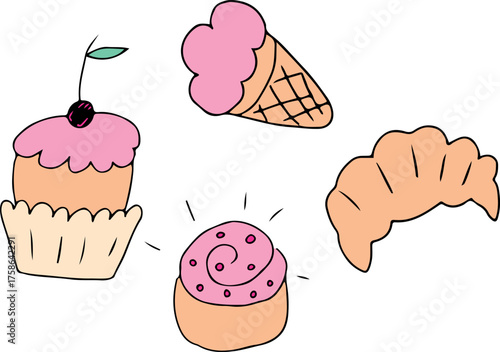 Flour sweets and ice cream, croissant, cherry cake. Grunge style. Drawn with curved black lines. Colored drawing