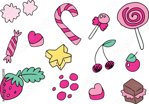 Sweet pink candies and berries, lollipop cane, chocolate, strawberry, heart, spiral lollipop. Grunge style. Drawn with curved black lines. Colored drawing