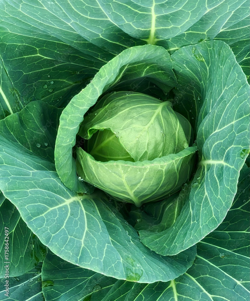 Fototapeta premium Green leaf background in close-up, natural foliage texture for eco design. Fresh young cabbage close-up, natural green vegetable texture, healthy organic food background.
