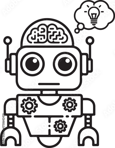 Creative Artificial Intelligence Concept Robot Thinking with Lightbulb in Thought Bubble Line Art