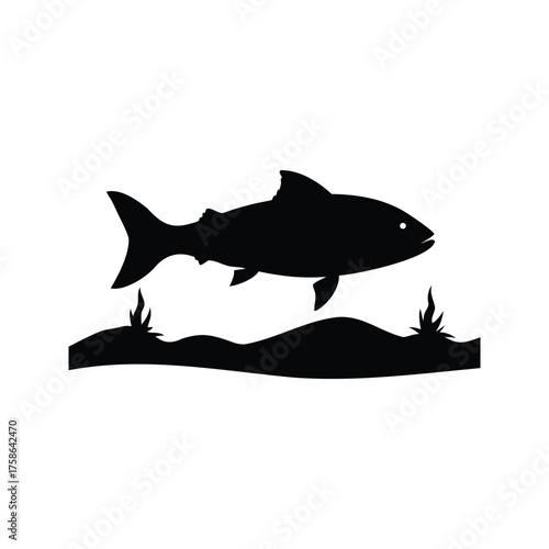 Black silhouette of a salmon fish in an aquatic environment scene, fish gliding near ocean floor silhouette vector illustration