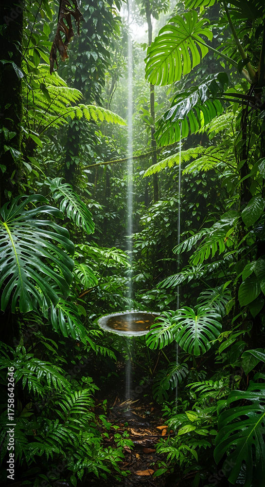 Obraz premium Ethereal Waterfall into Floating Basin in Lush Green Jungle