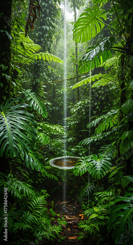 Ethereal Waterfall into Floating Basin in Lush Green Jungle