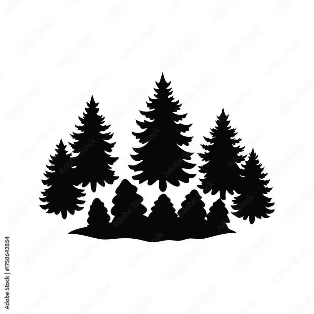 Obraz premium Silhouette of a Variety of Evergreen Trees in a Small Forest Setting, forest pine cones silhouette vector illustration
