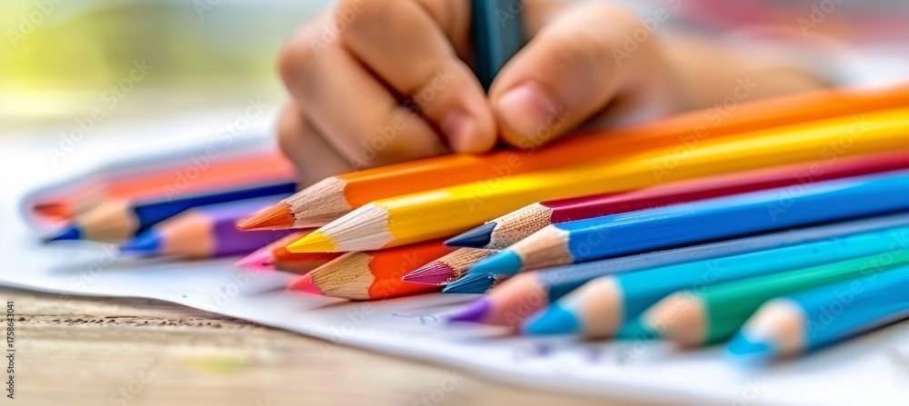 Obraz premium Child engaging in creative drawing with colored pencils on a bright white desk in a vibrant interior