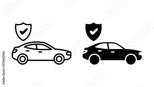 Vector art of two car icons with shield and check mark, one outlined and one filled, symbolizing car insurance or safety