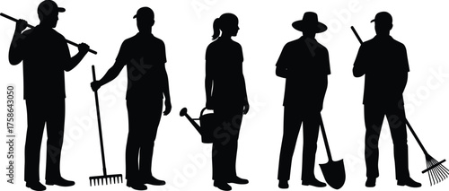 Gardening silhouettes showing diverse gardeners with tools, rake, watering can, shovel, leaf rake, teamwork, community gardening, outdoor landscape maintenance, seasonal yard work