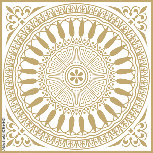 Vector golden classic Greek square ornament. Rectangle of Ancient Greece and Roman Empire. Byzantine painting of walls, floors and ceilings. Decoration of European palaces.