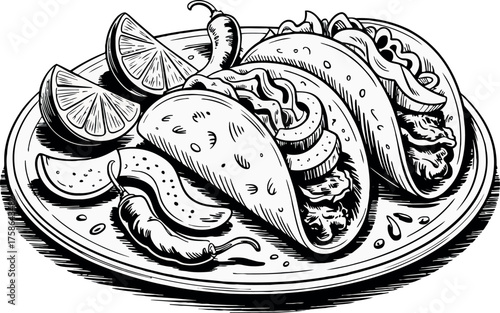 This black and white engraving features a plate piled with three appetizing tacos, garnished with lime wedges and chili peppers.