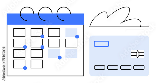 Calendar with scheduled tasks marked by dots paired with a credit card, illustrating planning, budgeting, scheduling, time management, organization, productivity, personal finance, simple flat