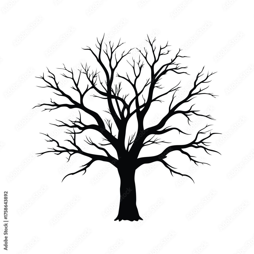 Obraz premium Silhouette of a stark tree with bare branches against a white background, leafless dead tree silhouette vector illustration