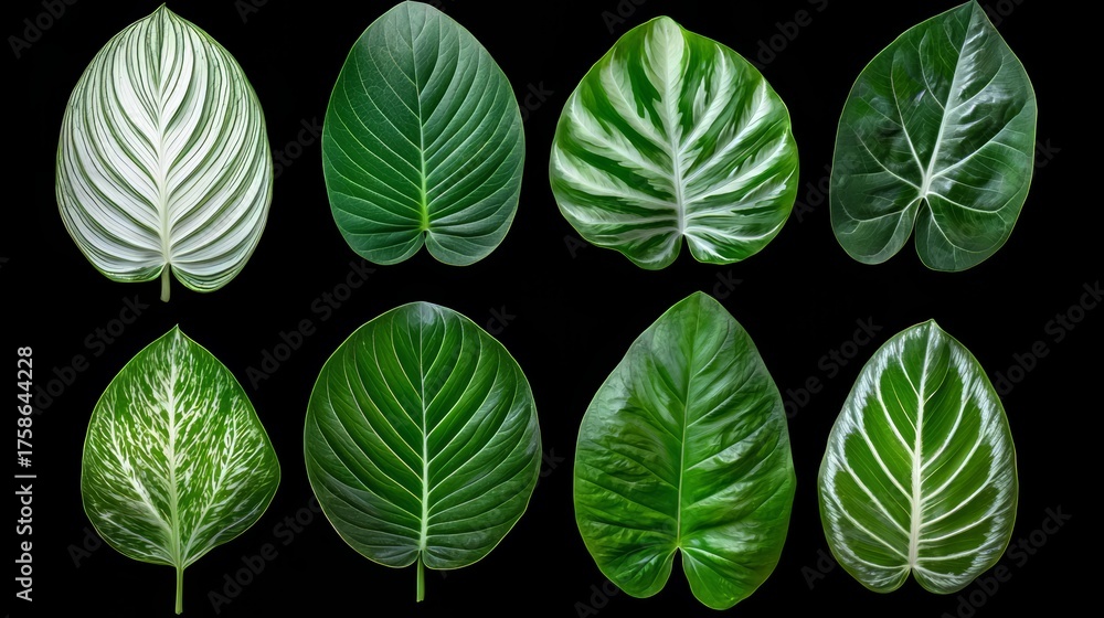 Obraz premium Collection of leafy plants with different shapes and sizes. The leaves are green and white, and they are arranged in a row