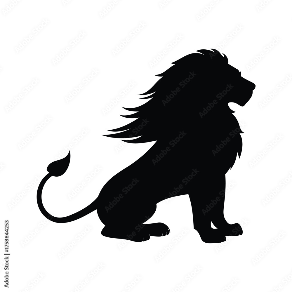 Obraz premium Majestic Lion Silhouette Sitting Proudly Against a White Background with Beautiful Mane, lion sitting with mane blowing silhouette vector illustration